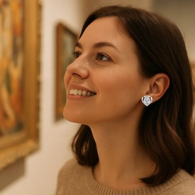 boucle d'oreille coeur femme sourit devant tableau musé