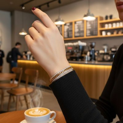 bracelet femme doré porté avec un pull noir vernis rouge