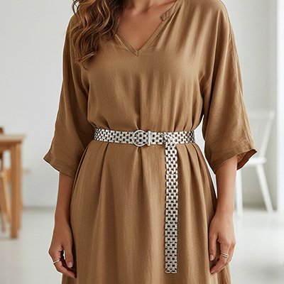 Ceinture chaine argenté sur une robe marron fluide col v