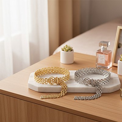 Ceinture chaine doré argenté présentées sur une commode garnie