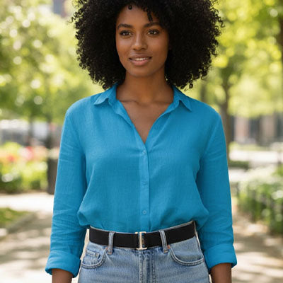 ceinture élastique femme pantalon chemise bleu