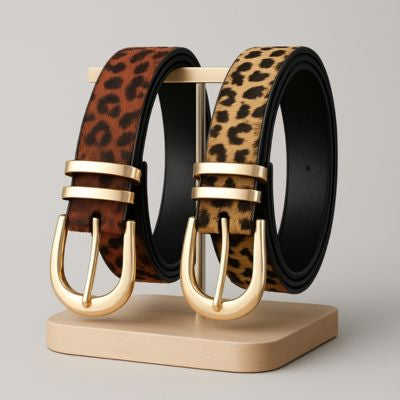 ceinture léopard femme clair foncé sur un présentoir en bois