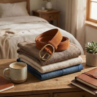 ceinture marron enroulée sur une pile de linge plié