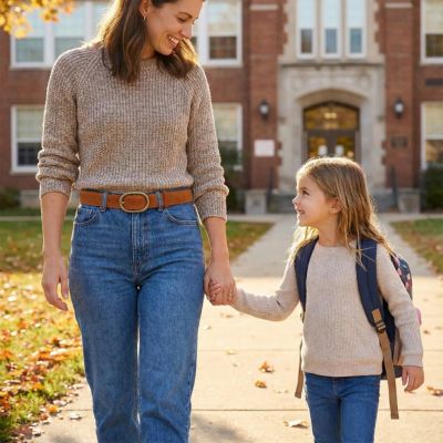 ceinture marron femme pantalon jean emmène sa fille école