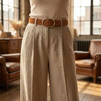 ceinture marron pantalon fluide ample dans un cadre retro