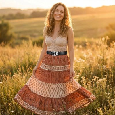 ceinture noir boucle argent femme jupe longue bohème 