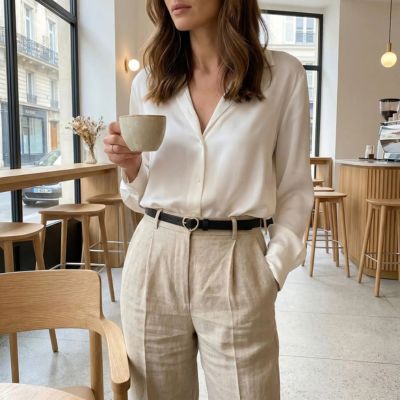 ceintures noir femme pantalon blouse fluide tasse a la main