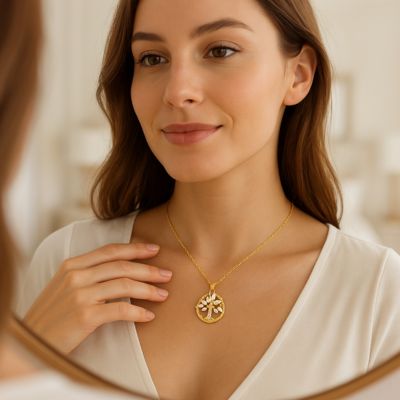 collier arbre de vie doré femme décolleté blanc