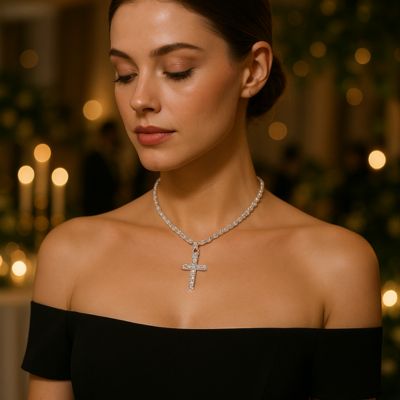 collier croix femme robe noire décolleté
