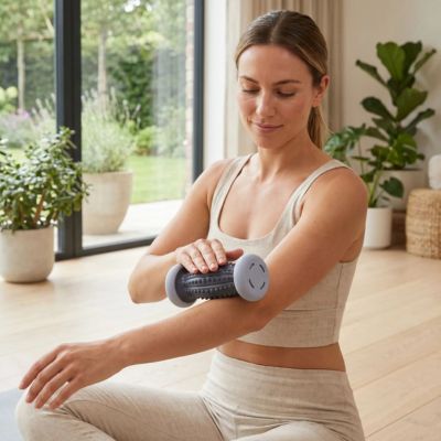 femme apaise ses bras avec rouleau massage à picots