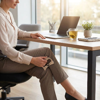 femme avec gua sha relaxation jambe au bureau