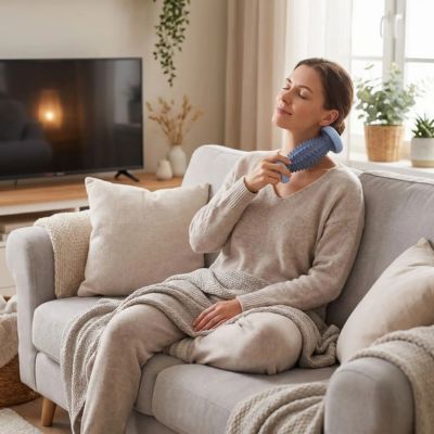 femme devant sa télé rouleau massage détente relaxation