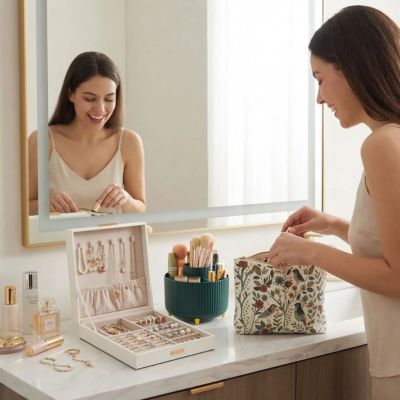 femme heureuse bijoux et maquillage à sa portée