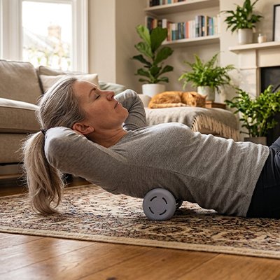 femme massage dorsal avec rouleau massage gris