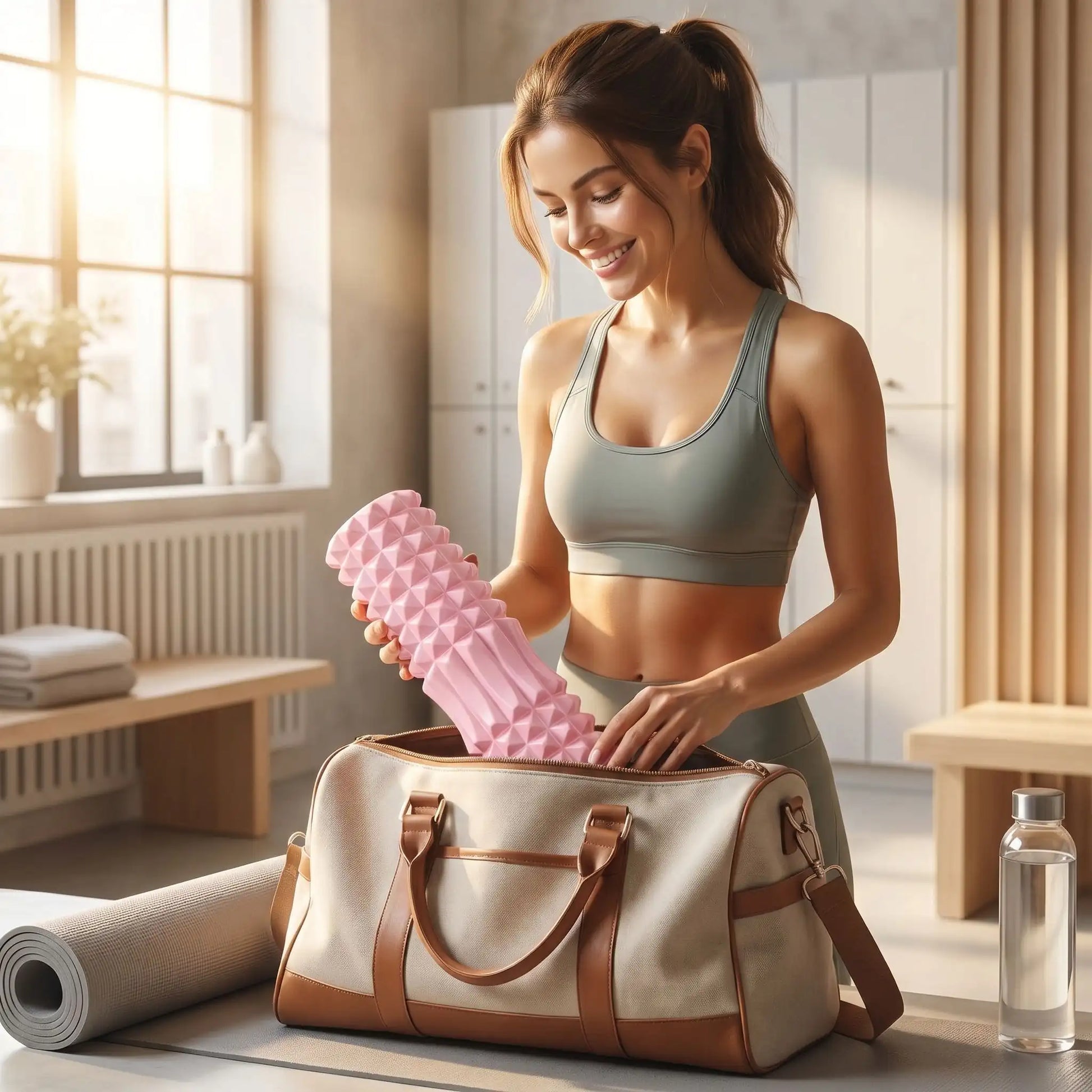 femme met son rouleau de massage dans son sac de sport