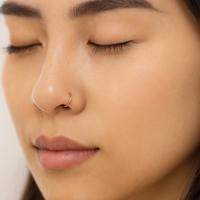  femme porte son anneau nez piercing les yeux fermés