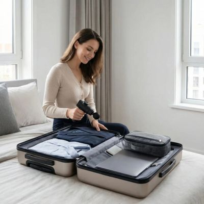femme prépare sa valise avec pistolet a massage