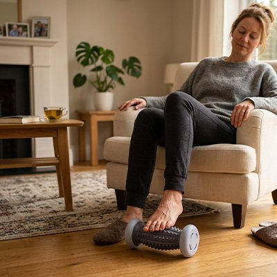 Femme se détend les jambes avec rouleau massage