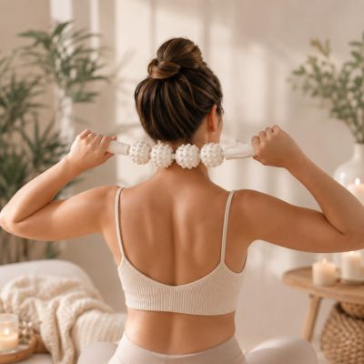 femme soulage ses cervicales avec rouleau de massage blanc