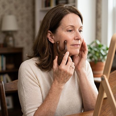 Femme utilise gua sha visage devant un miroir