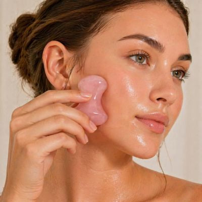 Femme utilise gua sha visage sur la joue mouvement circulaire