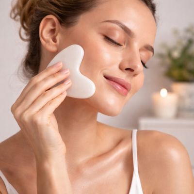 femme utilise le gua sha visage ivoire