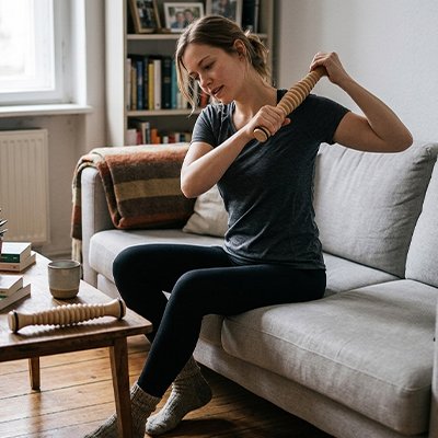 Femme utilise rouleau de massage sur son épaule