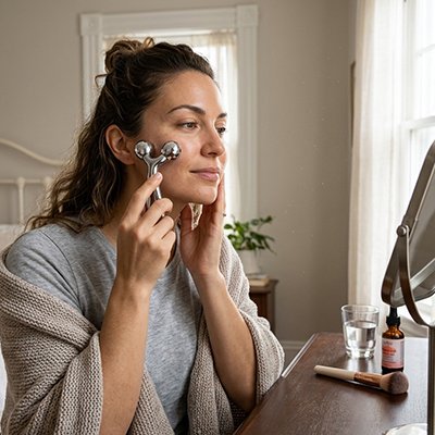 Femme utilise son gua sha visage avec un sérum