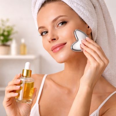 gua sha acier inoxydable soins du visage et sérum doré