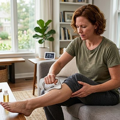Gua sha corps utilisé avec une huile sur les jambes