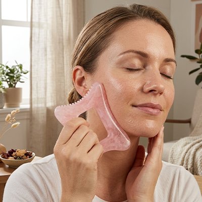 Gua sha rose femme fait un massage ciblé du visage