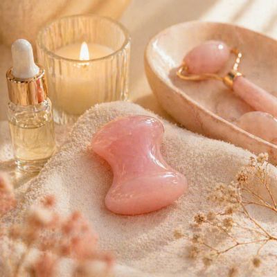 gua sha visage posé sur serviette bougie huile ambiance spa