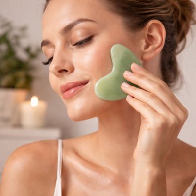 gua sha visage vert femme heureuse visage repose lumineux