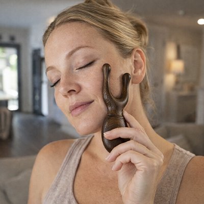 Massage joue avec gua sha visage femme cheveux blonds