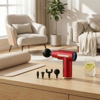 mini pistolet de massage rouge sur meuble bois