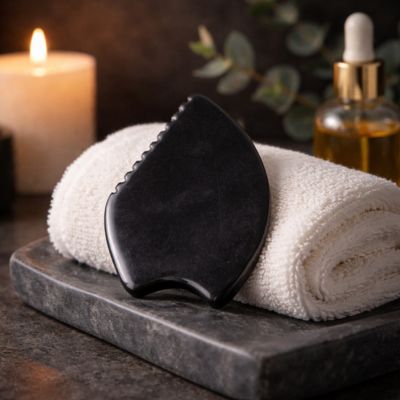 pierre gua sha noir sur serviette blanche effet spa