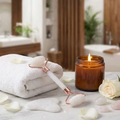 pierre gua sha sur marbre serviette bougie univers luxe