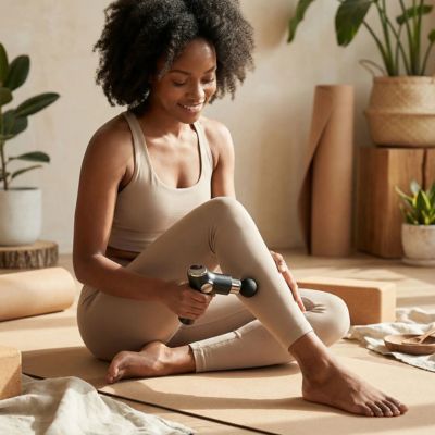 pistolet de massage noir en action tapis yoga