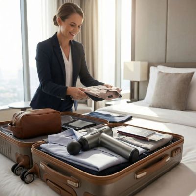 pistolet massage noir dans une valise voyage