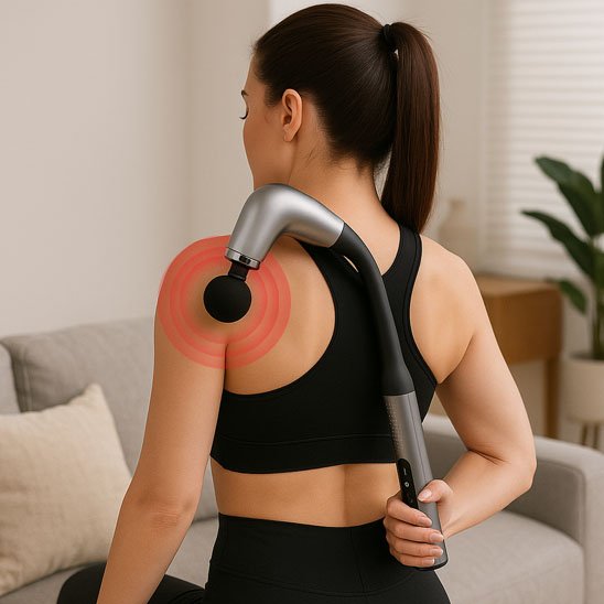Pistolet masseur noir utilisé pour massage omoplate