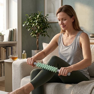 Rouleau de massage vert avec huile de massage