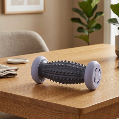 Rouleau massage gris sur une table en bois