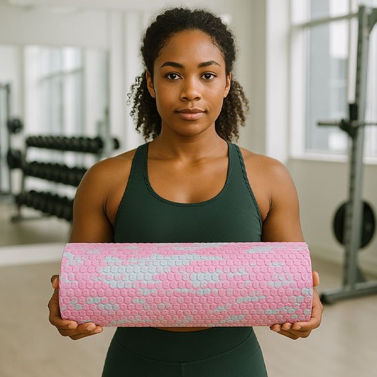 une coach sportive tien son rouleau de massage multicolore