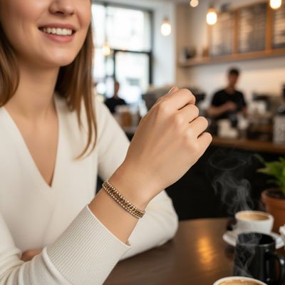 une dame sourit au restaurant fière de son bracelet femme